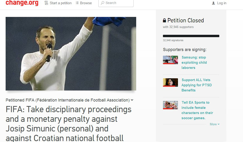 Josip Šimunić, sunspenzija, peticija