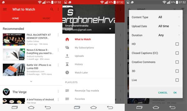 YouTube za Android, YouTube kanali, Android Lollipop 5.0