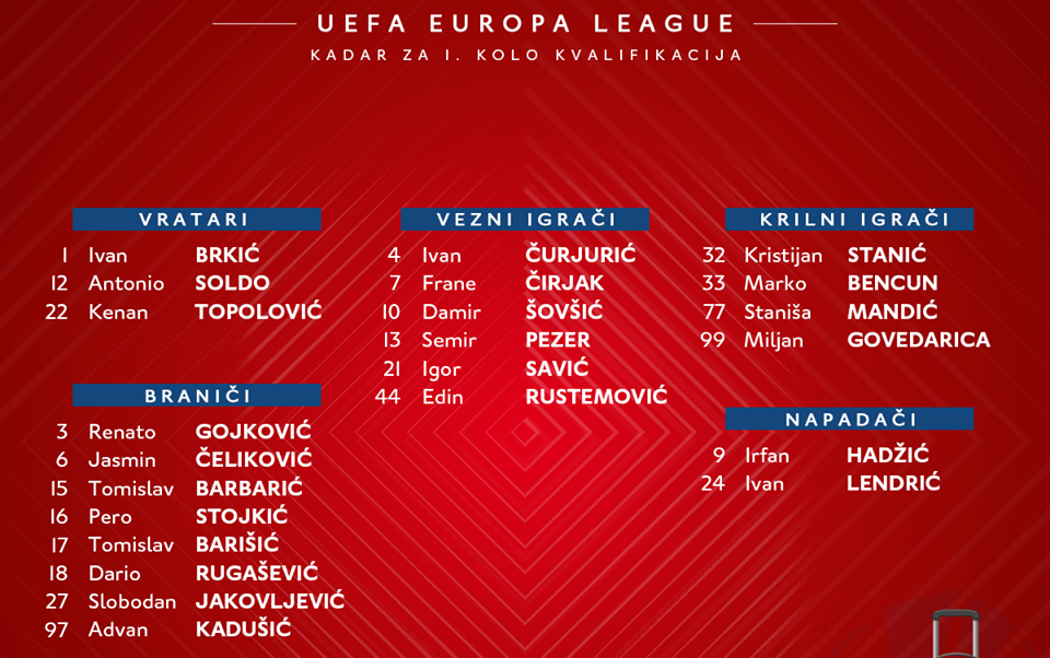 HŠK Zrinjski: Popis igrača za 1. kolo kvalifikacija UEFA Europa lige